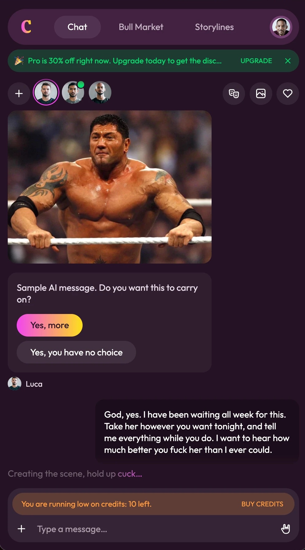 Cucking.me chat with an AI-generated scene
